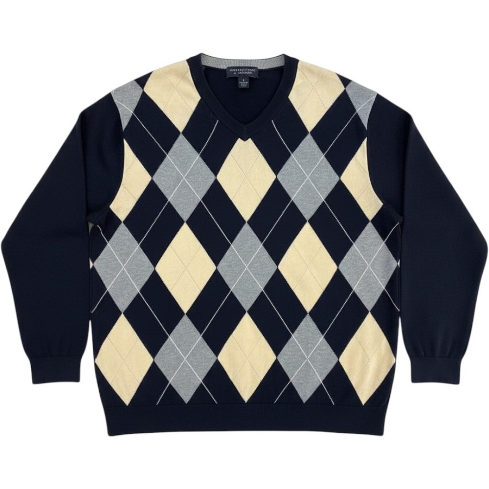 Roundtree & Yorke Mens Argyle V-Neck Sweater Navy Blue Cotton Knit Large